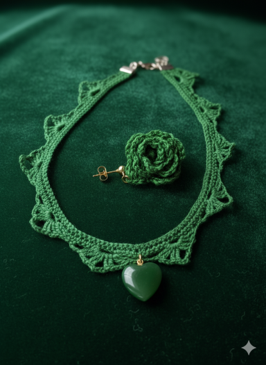 Collier en dentelle vert et sa pierre en forme de coeur